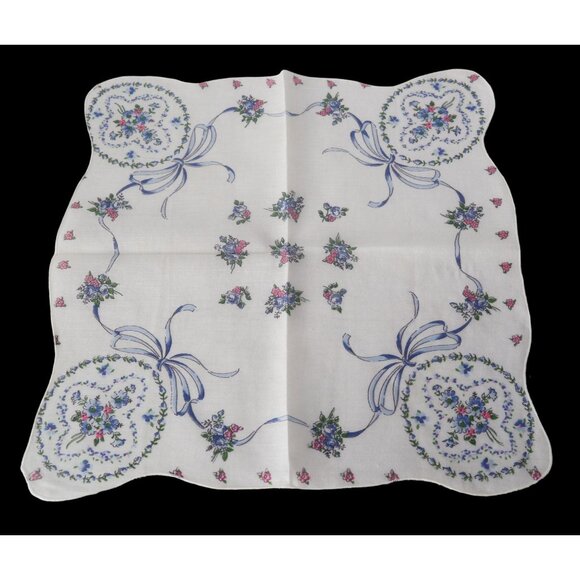 Handkerchief Hanky Hankie Vintage White & Blue with Floral Design - Picture 2 of 2